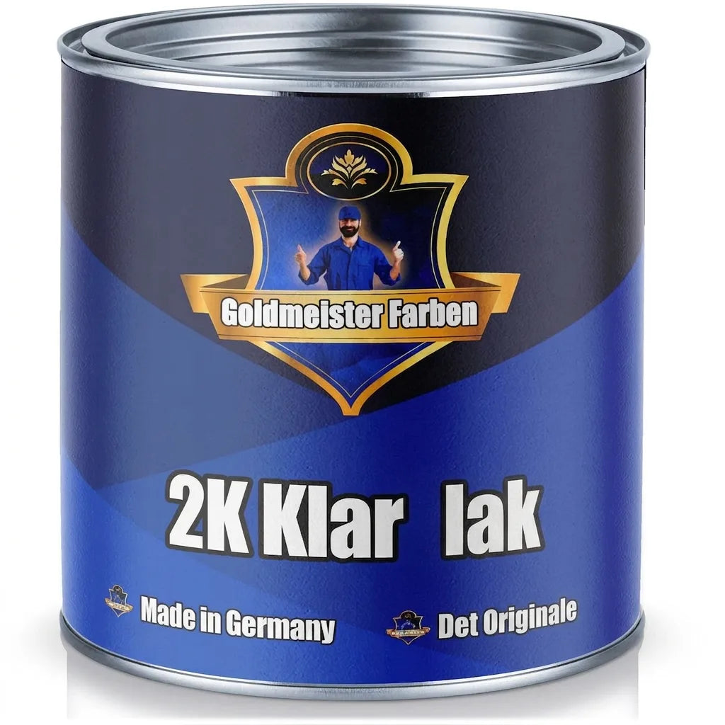 Goldmeister Farben 2K klarlak i en blå malingsdåse, mærket 'Made in Germany' og 'Das Original'.