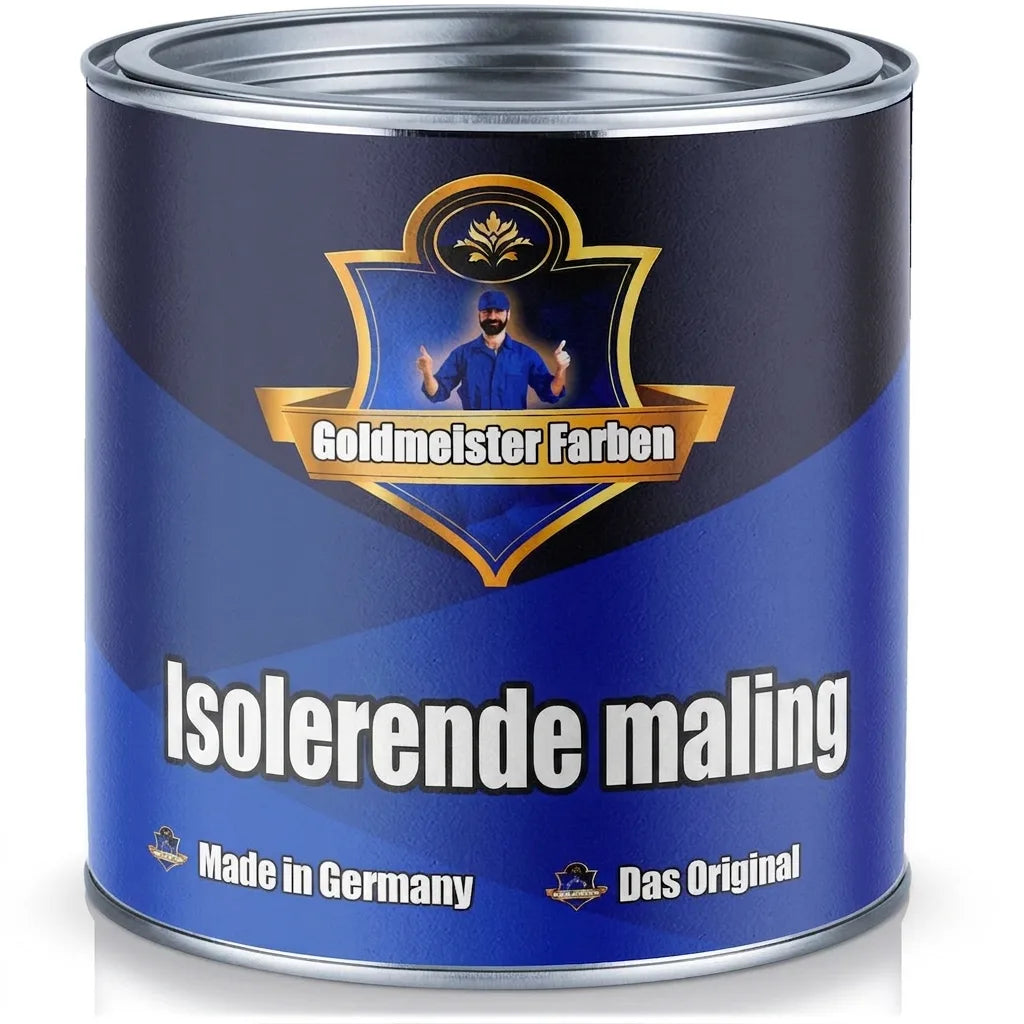 Blå Goldmeister Farben malingdåse med isoleringsmaling og logo af mand i blåt tøj. Tekst: 'Made in Germany', 'Das Original'.