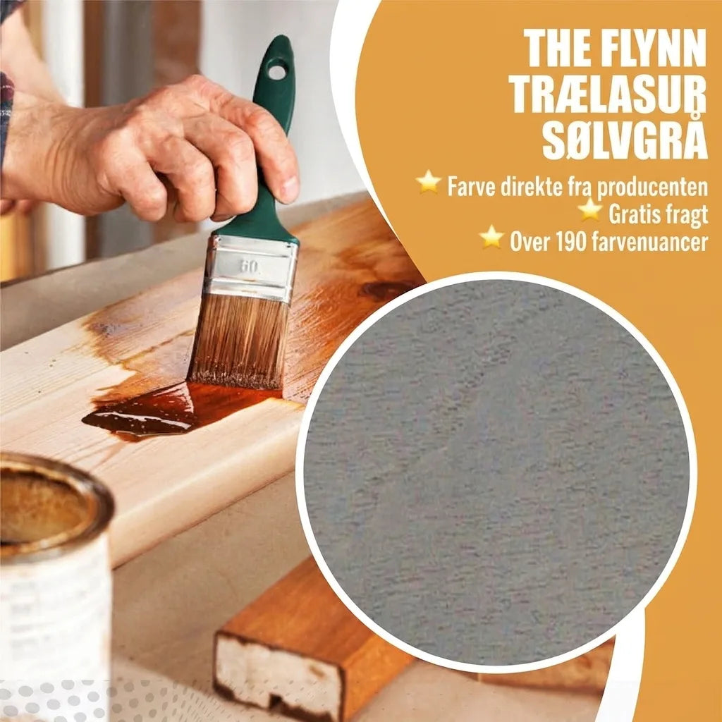 THE FLYNN trælasur sølvgrå. Hånd påfører trælasur med pensel. Direkte fra producent, gratis fragt, 190+ farver.