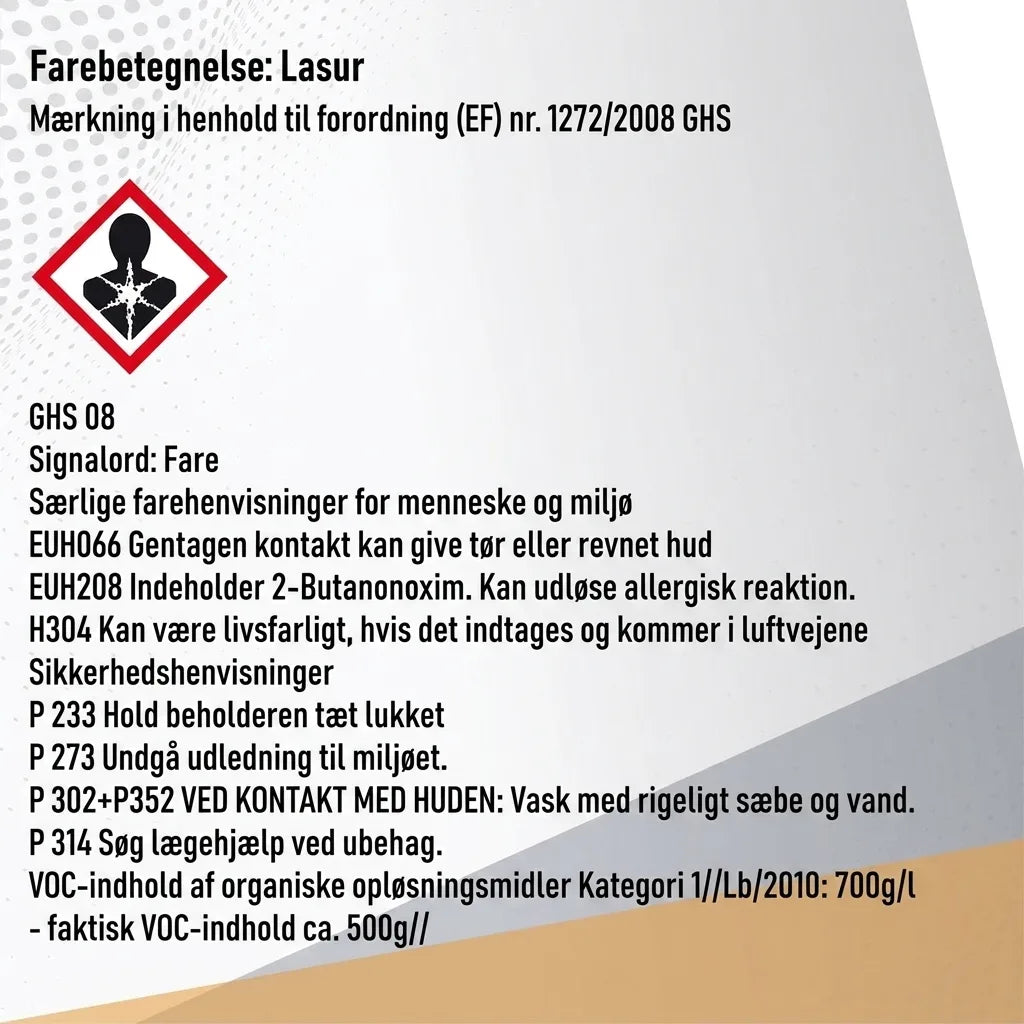 GHS faremærkning for lasur med sundhedsfarepiktogram, fareudsagn, sikkerhedsanvisninger og VOC-indhold, tekst på tysk.