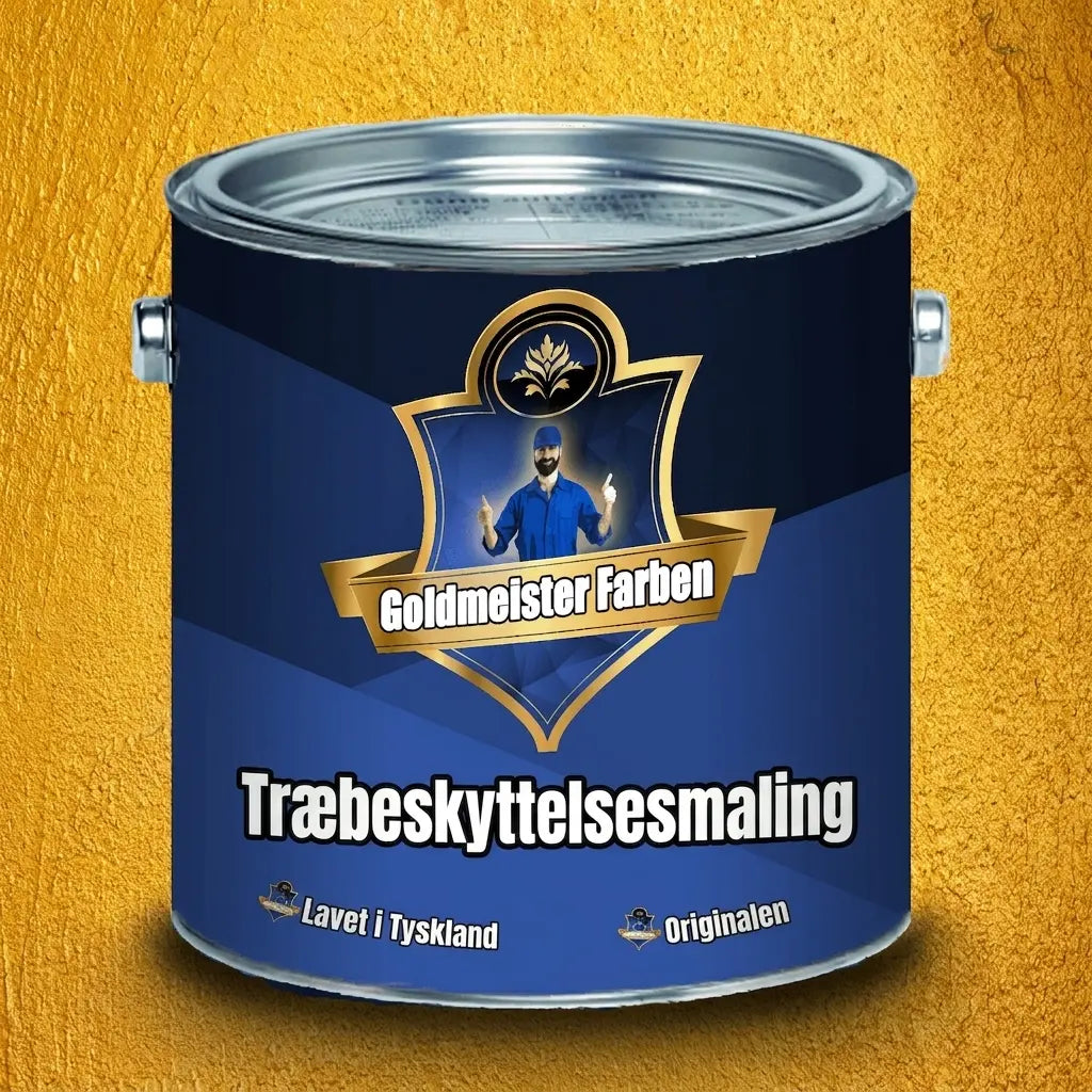 Mørkeblå malingsdåse med Goldmeister Farben træbeskyttelsesmaling og en mand, der viser tommelfinger op.