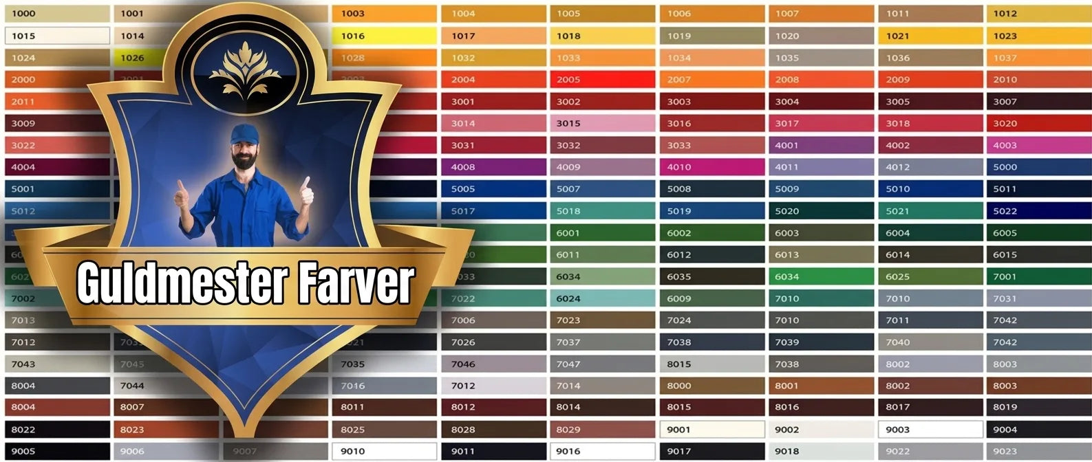 Goldmeister Farben RAL farvekort med et bredt udvalg af farver og tilhørende farvekoder.