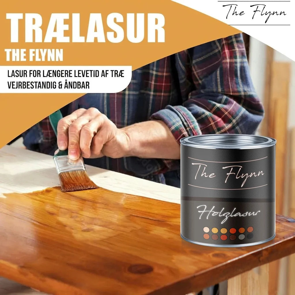Trælasur fra The Flynn. En person påfører trælasur på træ. Dåse med "The Flynn Holzglasur".
