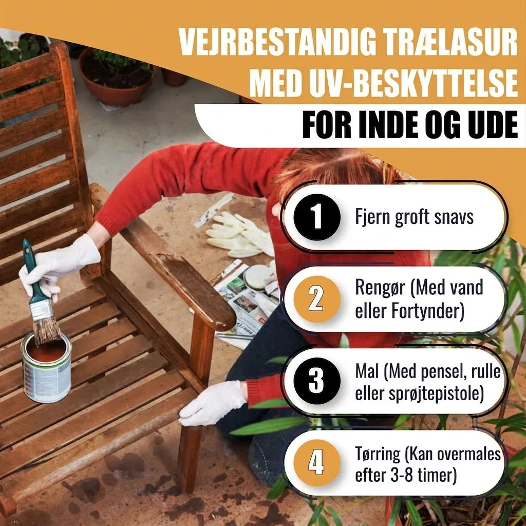 Person maler træstol med vejrbestandig bejdse. Indeholder UV-beskyttelse og trin-for-trin guide.