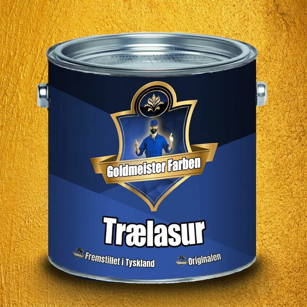 Mørkeblå malingdåse med Goldmeister Farben trælasur etiket. Mand med tommelfingre op, Made in Germany, Originalen.