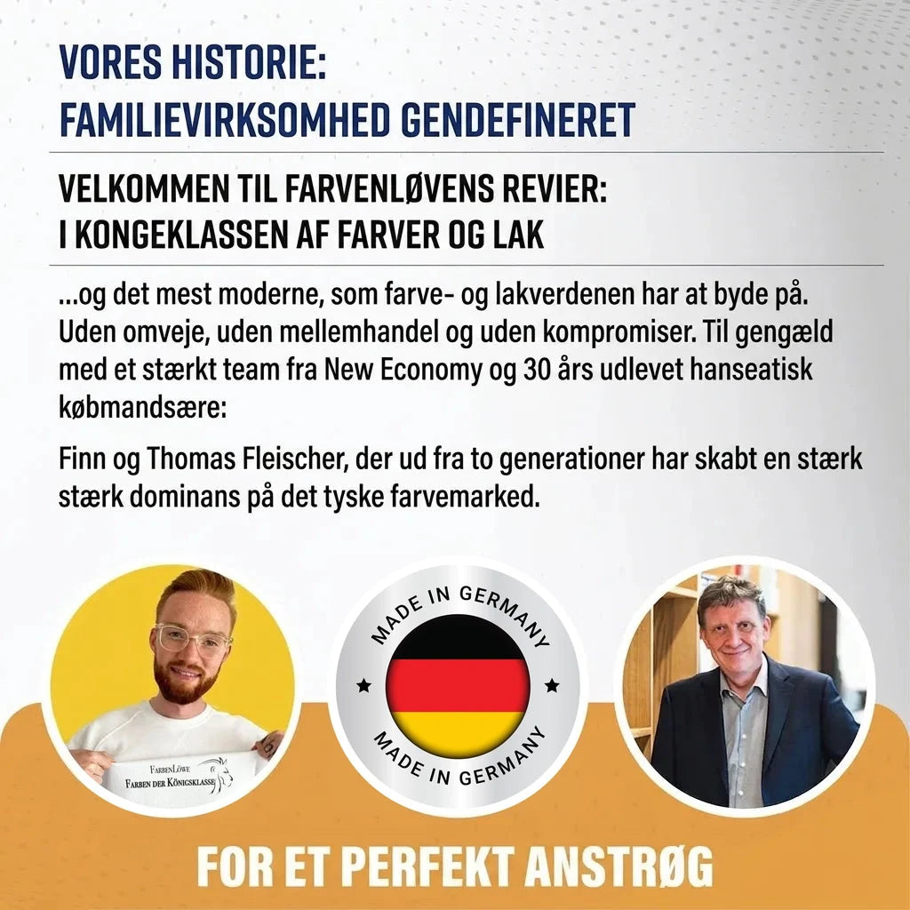 Tysk familiebedrift, Farbenlöwe, der redefinerer maling og lak. Fokus på kvalitet, direkte salg og 'Made in Germany'.