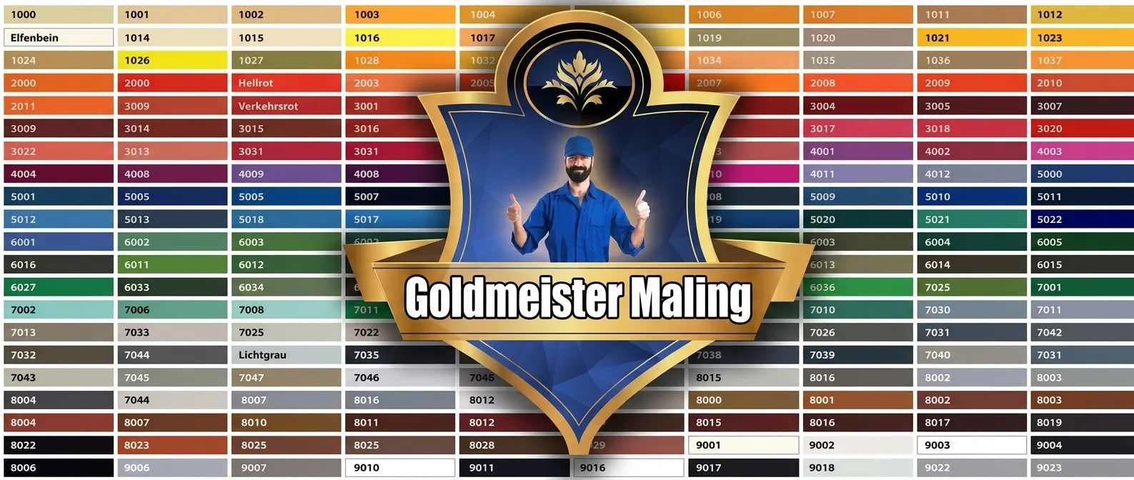 Goldmeister Farben farvekort med mange RAL-farver og en mand i uniform. Stort udvalg af malingsfarver.