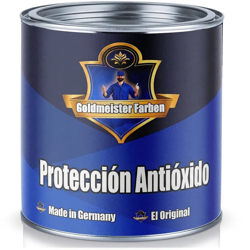 Lata de pintura azul Goldmeister Farben 'Rostschutz' (protección contra el óxido), 'Made in Germany'.