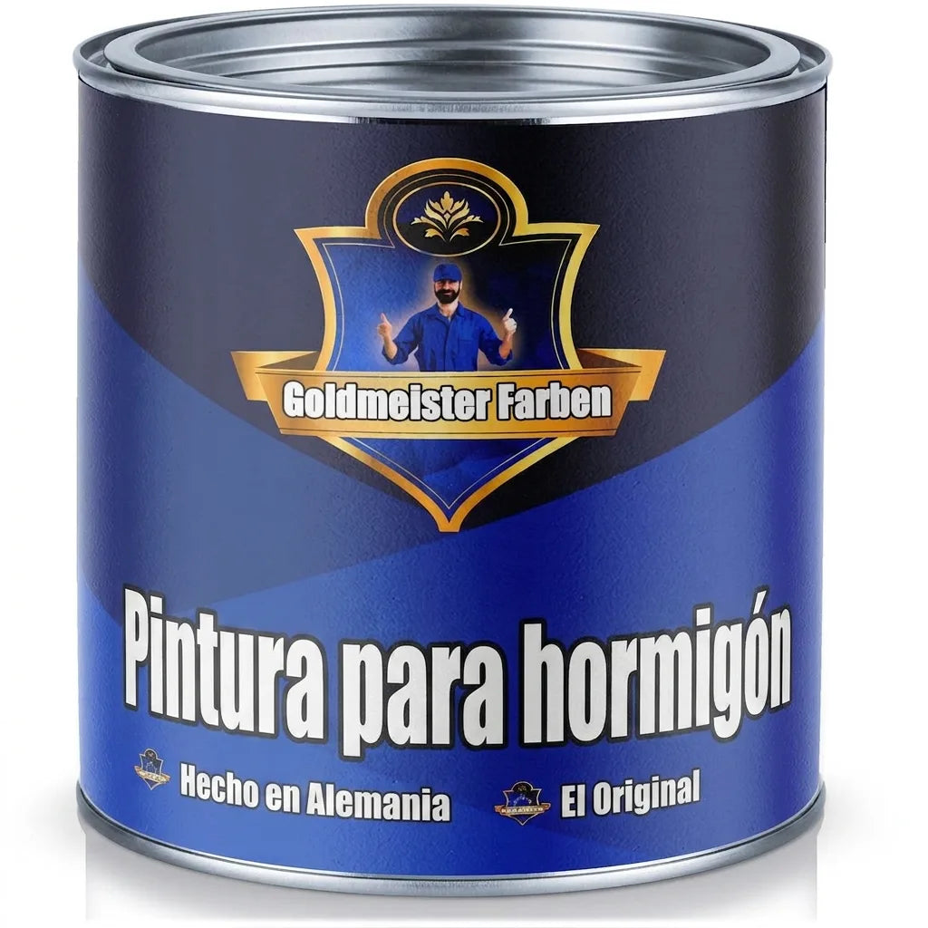 Bote de pintura azul Goldmeister Farben para hormigón, con texto 'Betonfarbe' y 'Made in Germany'.
