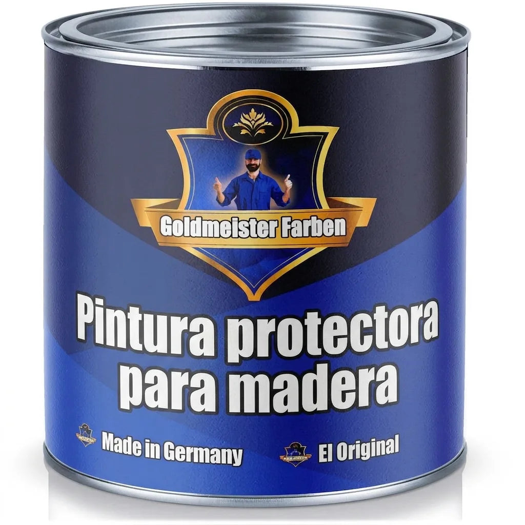 Bote de pintura azul Goldmeister Farben 'Holzschutzfarbe' (protector de madera) fabricado en Alemania, con logo de pintor.