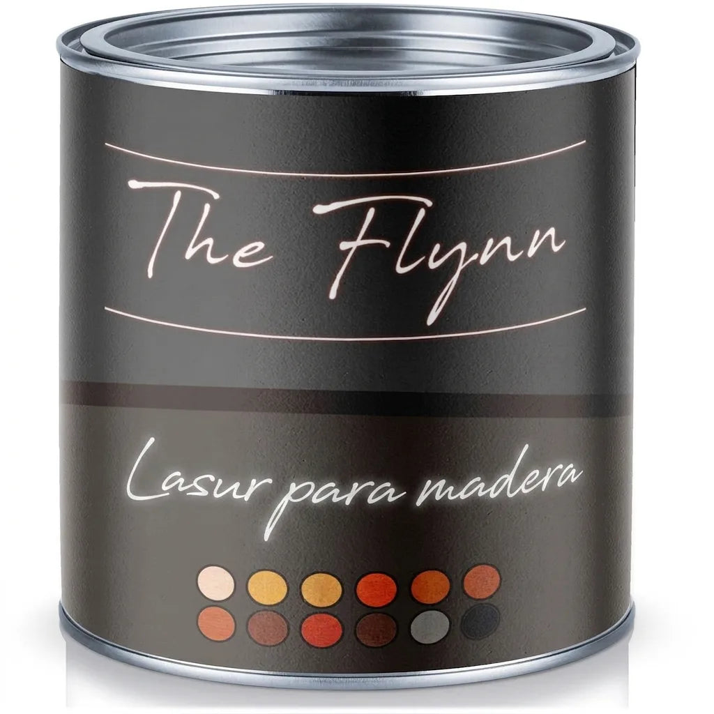 Lata de barniz para madera 'The Flynn', con etiqueta negra que muestra el texto 'Holzglasur' y muestras de colores.