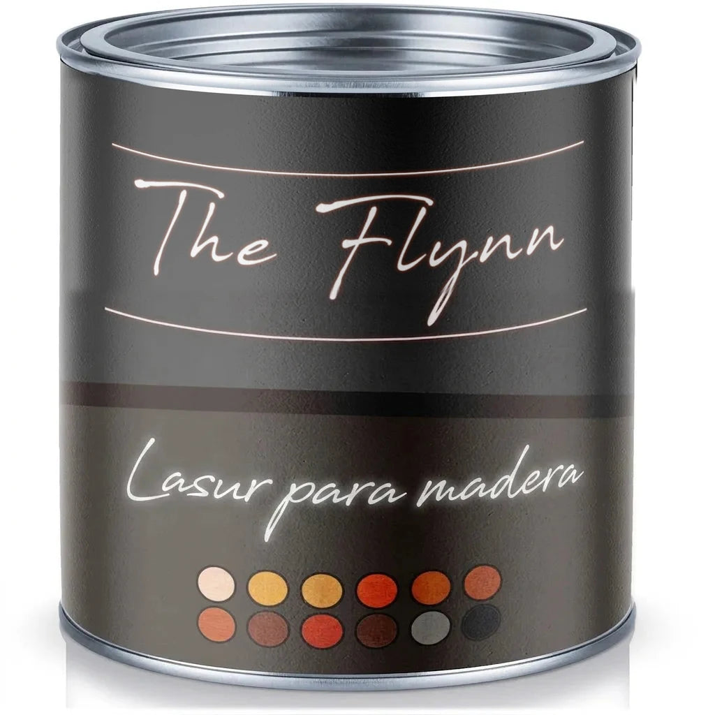 Lata de barniz para madera 'The Flynn', con etiqueta negra que muestra el texto 'Holzglasur' y muestras de colores.