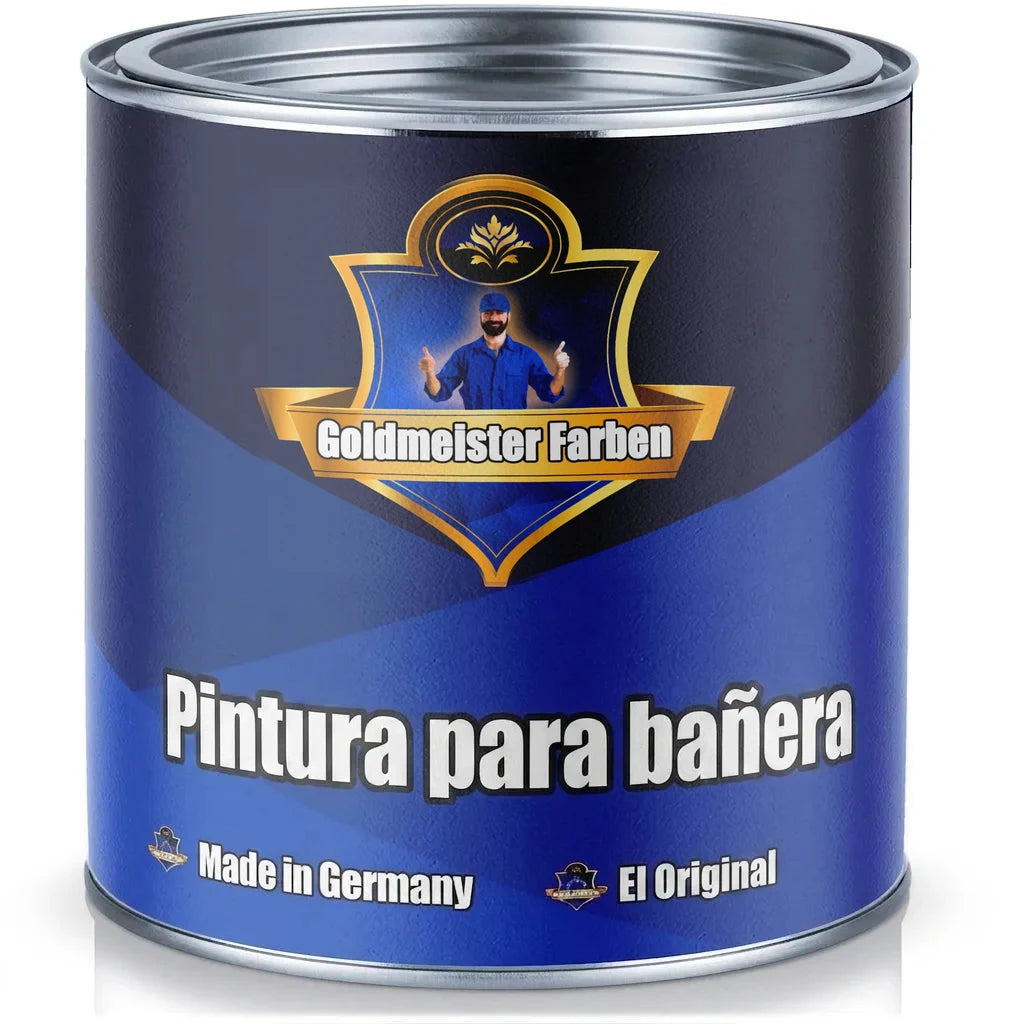 Lata de pintura azul Goldmeister Farben Badewannenlack para bañeras, Made in Germany, con logotipo del hombre.