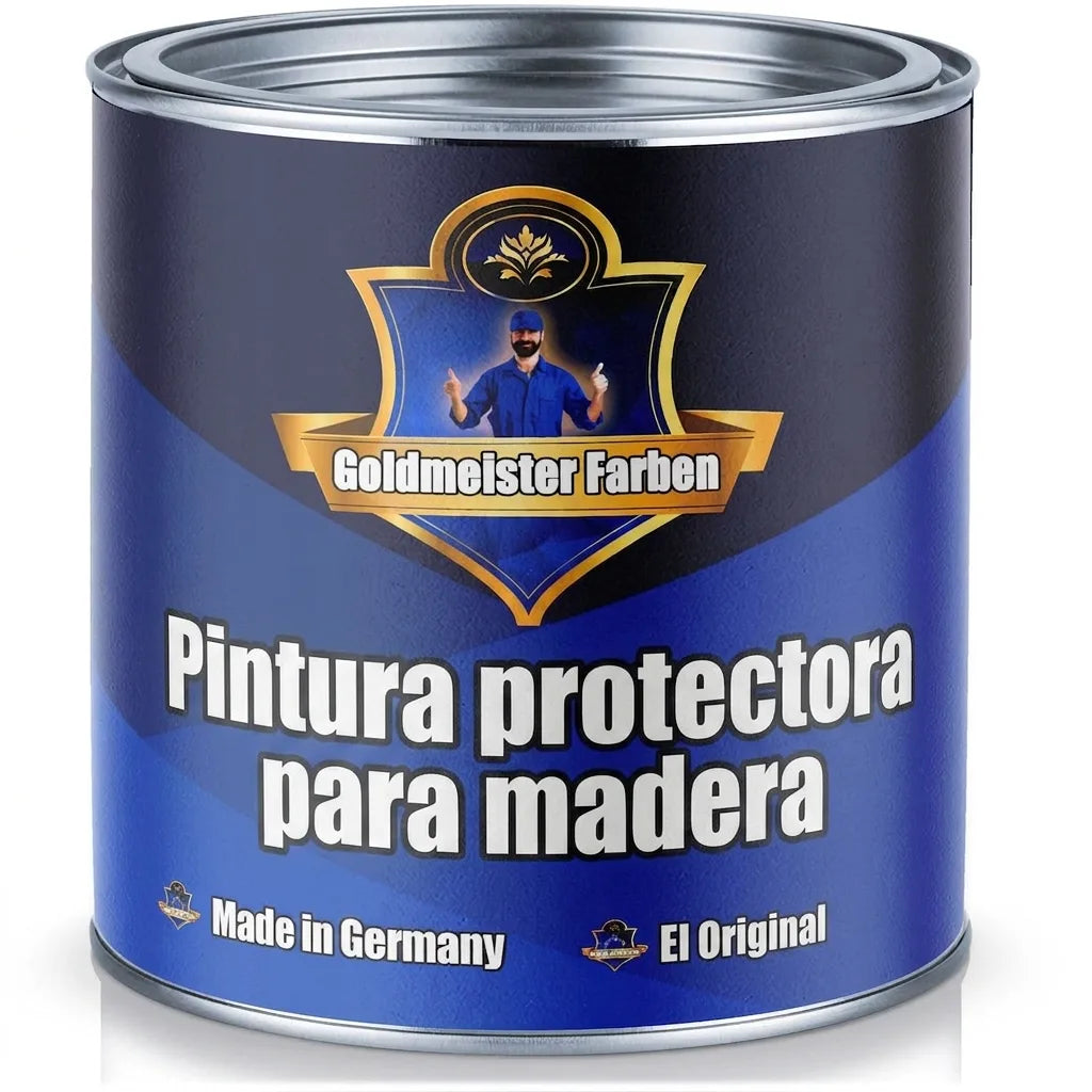 Bote de pintura azul Goldmeister Farben Holzschutzfarbe para protección de madera, 'Hecho en Alemania, El Original'.