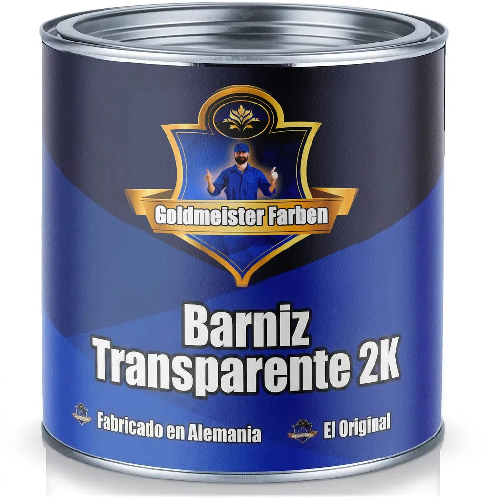 Bote de pintura azul Goldmeister Farben 2K Klarlack, hombre sonriendo con pulgares arriba, 'Das Original'.