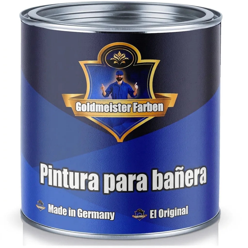 Lata de pintura azul Goldmeister Farben Badewannenlack para bañeras, Made in Germany, con logotipo del hombre.