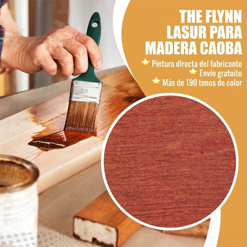 Lasur de caoba The Flynn: aplicación en madera con brocha y muestra de color. Envío gratis, más de 190 tonos.