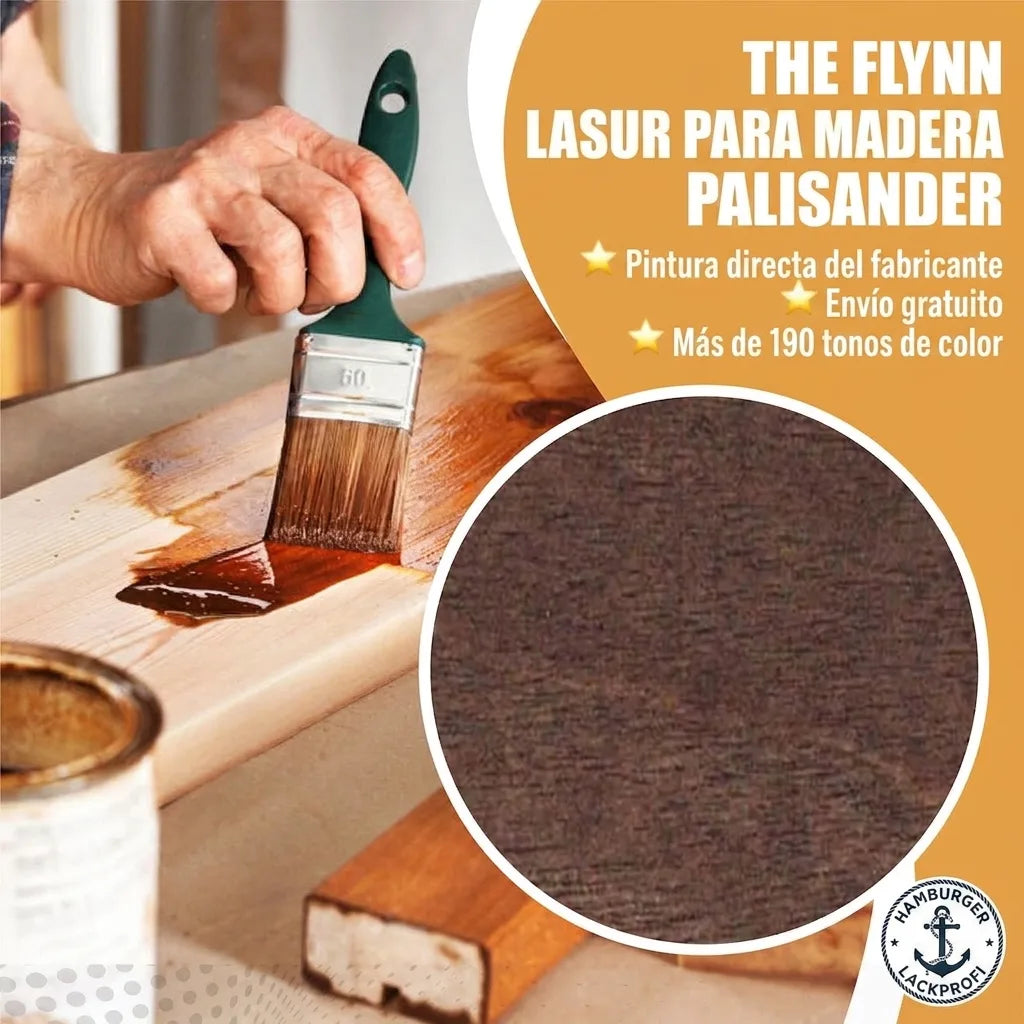Persona aplicando lasur The Flynn Palisandro a madera. Muestra de color y texto: directo del fabricante, envío gratis, más de 190 tonos.