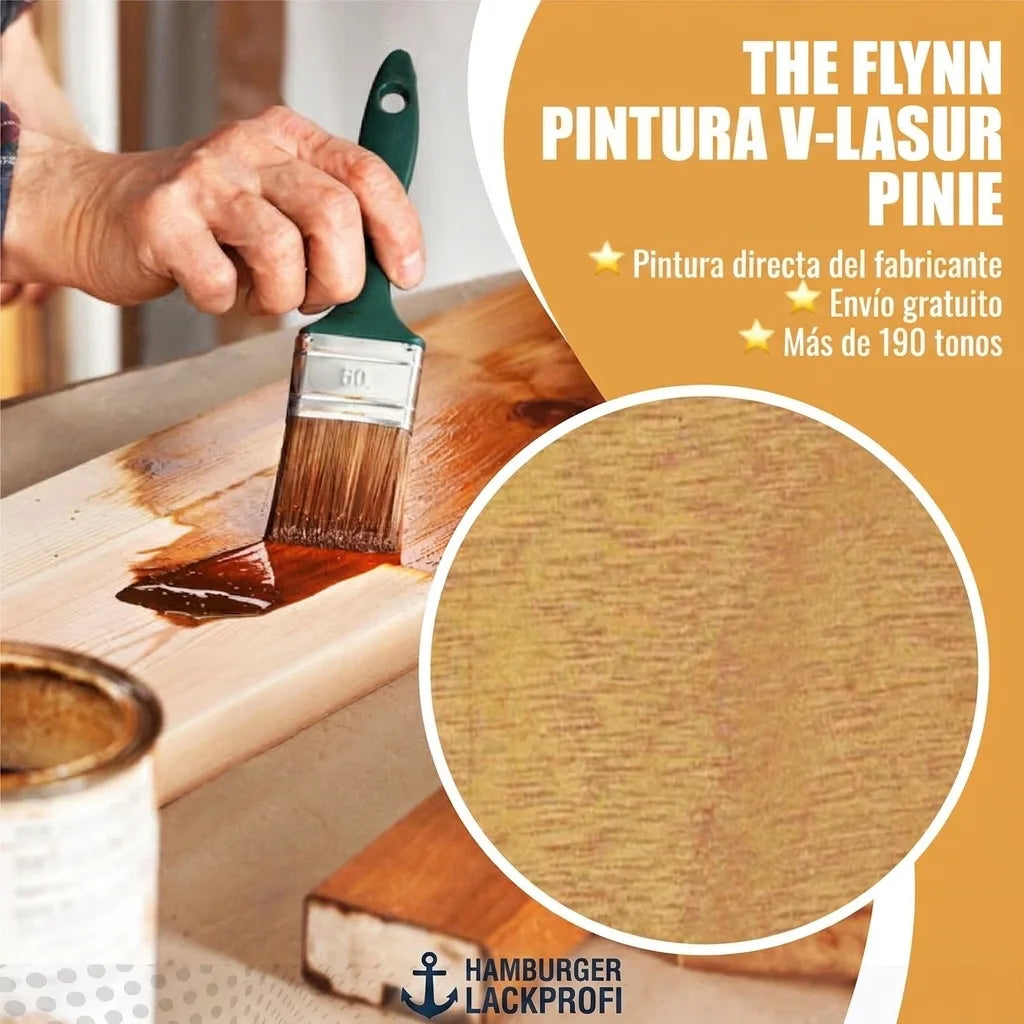 Hombre aplicando lasur de madera con brocha, lata de producto y muestra de madera. Enfoque en el color pino.