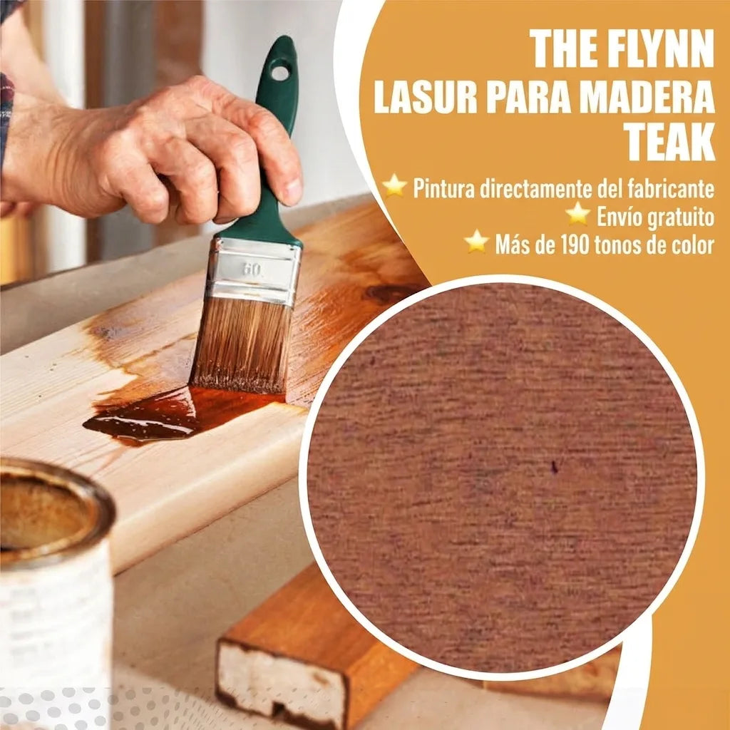 Aplicación de lasur para madera Flynn color teca con pincel. Muestra el acabado, envío gratis y más de 190 tonos.