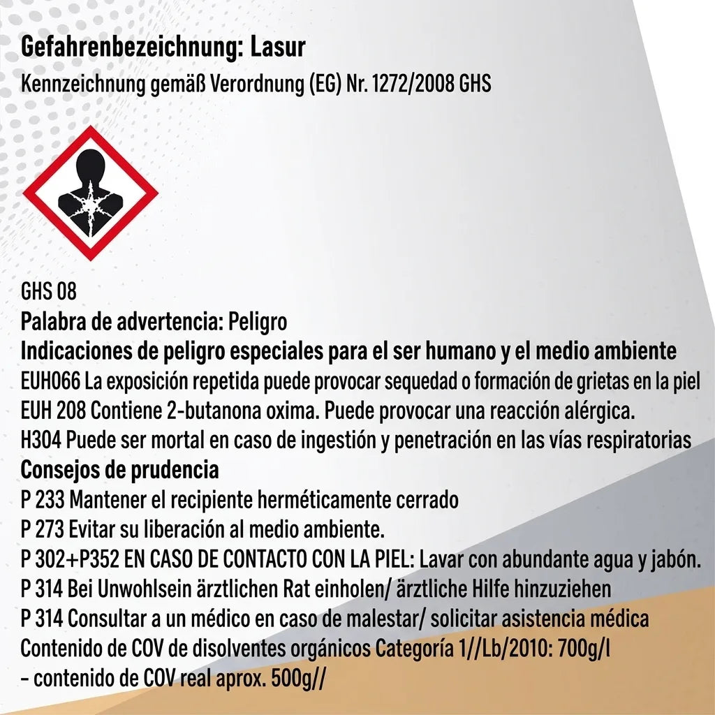 Etiqueta de producto GHS en alemán para Lasur, con pictograma de peligro para la salud y advertencias de seguridad.