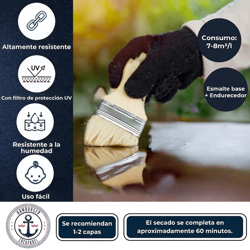 Mano aplicando laca protectora con brocha. Destaca durabilidad, protección UV, resistencia a humedad y secado en 60 min.