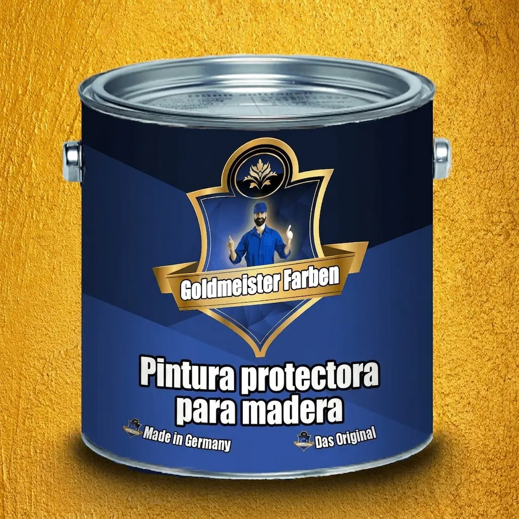 Bote de pintura azul oscuro con la etiqueta 'Goldmeister Farben' y 'Holzschutzfarbe', promocionando 'Made in Germany' y 'Das Original'.