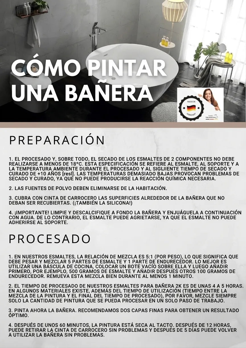 Instrucciones detalladas para pintar una bañera, incluyendo preparación y aplicación del producto. Se muestra una bañera moderna y un sello