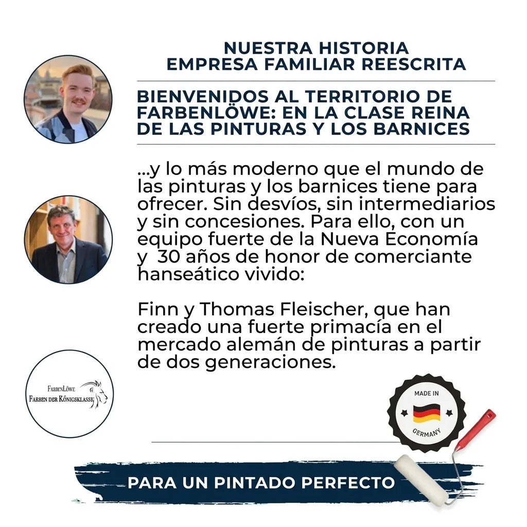 Historia de empresa familiar Farbenlöwe, destacando calidad premium en pinturas y lacas, con fotos de Finn y Thomas.