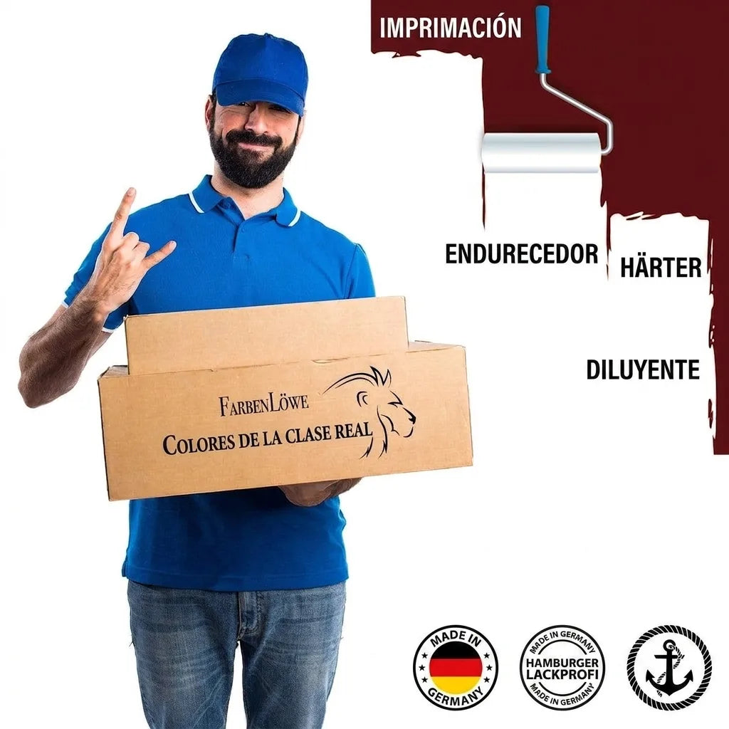 Hombre entrega cajas de pintura FarbenLöwe 'Colores de la Clase Real'; rodillo pintando pared.