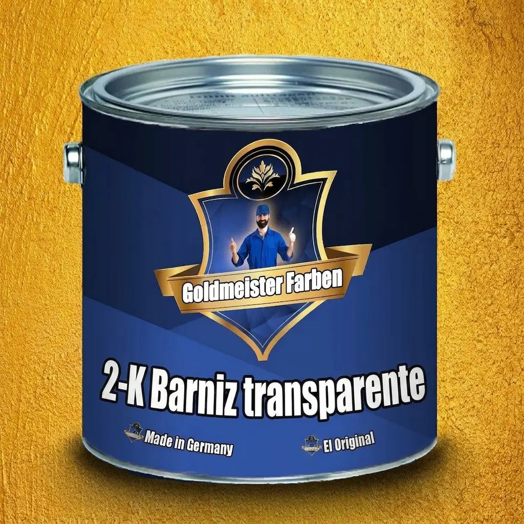Bote de pintura azul con la marca 'Goldmeister Farben', un hombre sonriente y texto '2-K Klarlack', 'Das Original'.