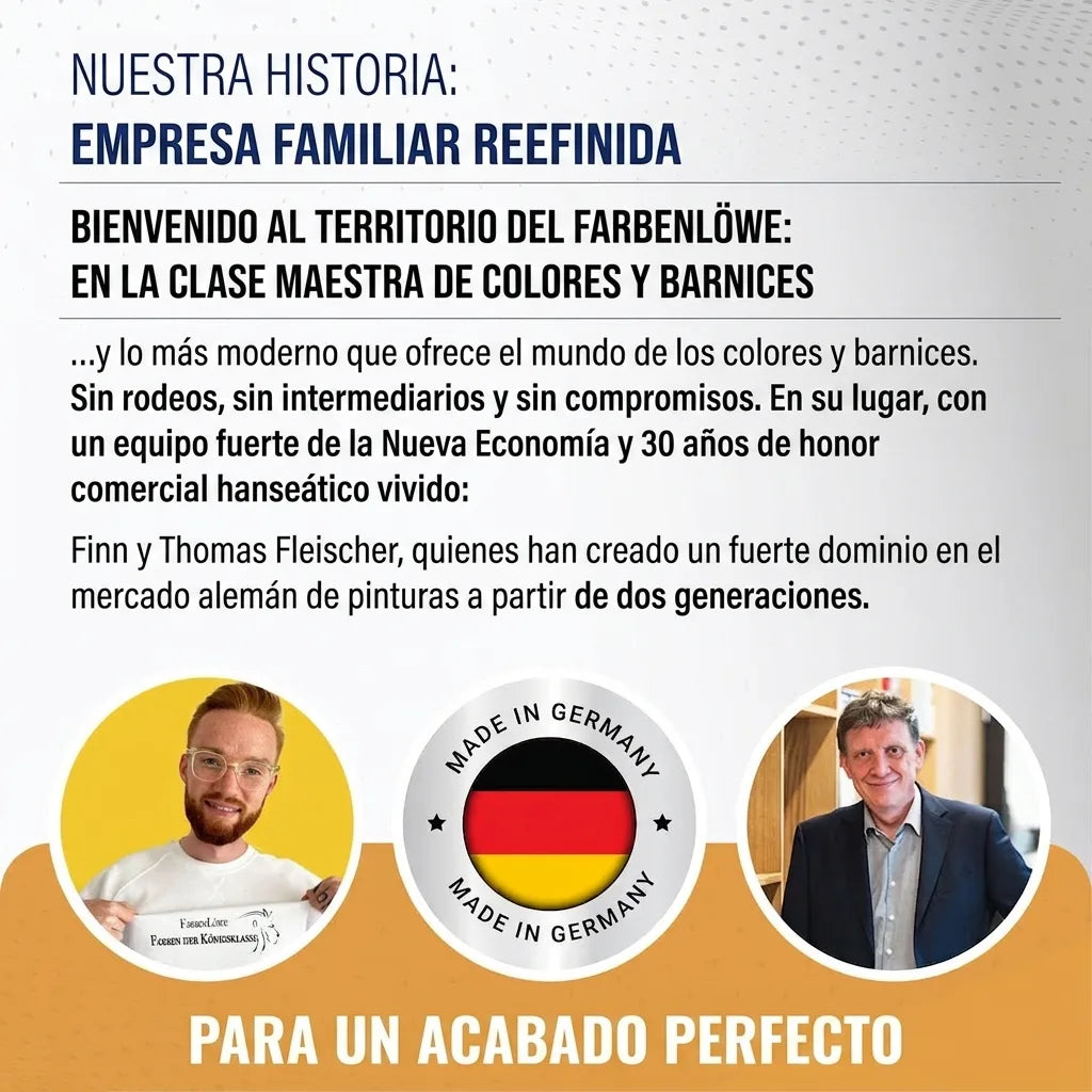 Texto alemán de Farbenlöwe sobre un negocio familiar de pinturas, con fotos de Finn y Thomas Fleischer, Made in Germany.