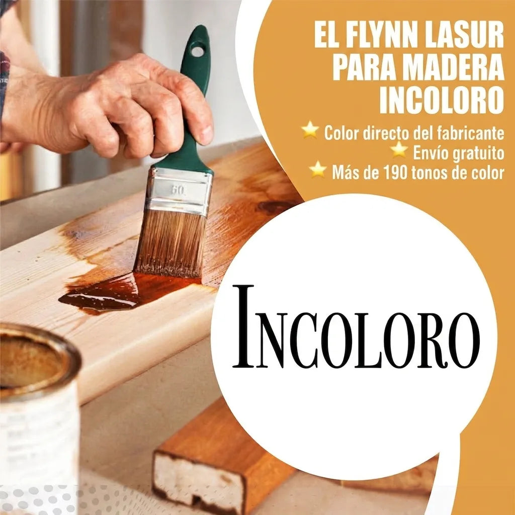 Persona aplicando lasur incoloro THE FLYNN para madera con pincel. Directo del fabricante, envío gratis, +190 tonos.