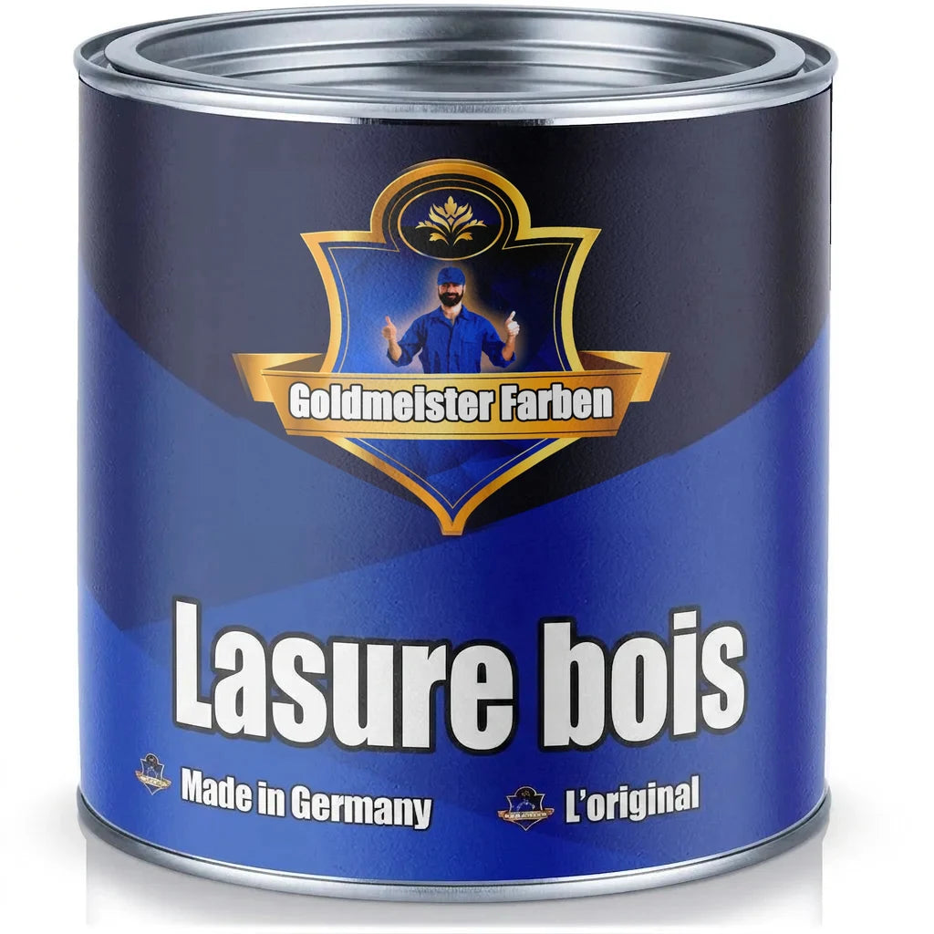 Bidon de lasure bois bleu Goldmeister Farben. Produit 'Made in Germany' avec l'inscription 'Holzlasur'.