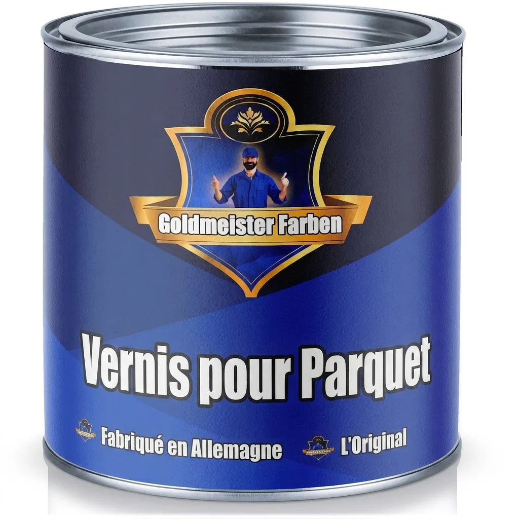 Pot de vernis parquet Goldmeister Farben bleu, marqué "Parkettlack", "Made in Germany", "Das Original".
