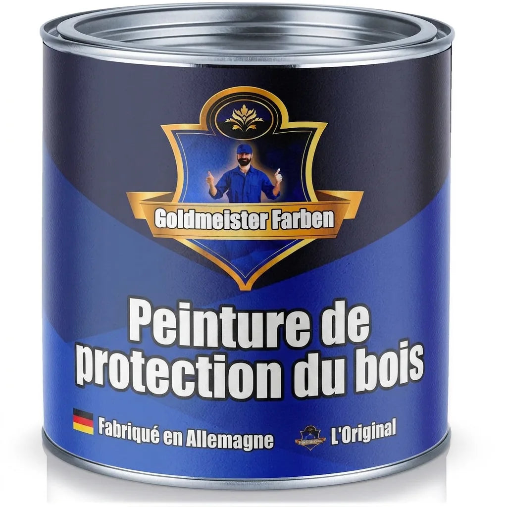 Pot de peinture bleu Goldmeister Farben pour protection bois, fabriqué en Allemagne. Le texte allemand est visible.