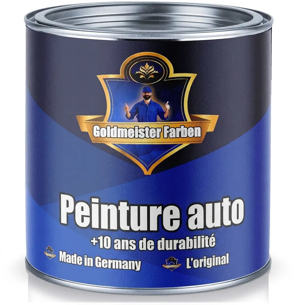 Pot de peinture auto bleu Goldmeister Farben, Made in Germany, avec un homme en uniforme et pouce levé