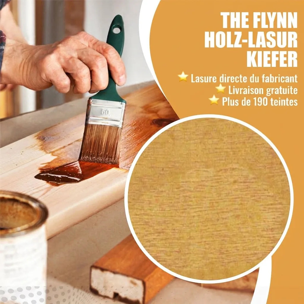 Application de lasure bois Flynn couleur pin. Livraison gratuite, +190 nuances, direct fabricant.