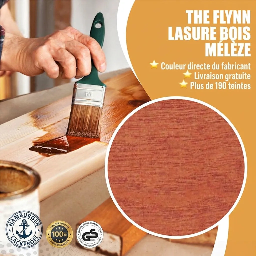 Lasure bois Flynn mélèze appliquée au pinceau. Publicité: couleur fabricant, livraison gratuite, plus de 190 teintes disponibles.