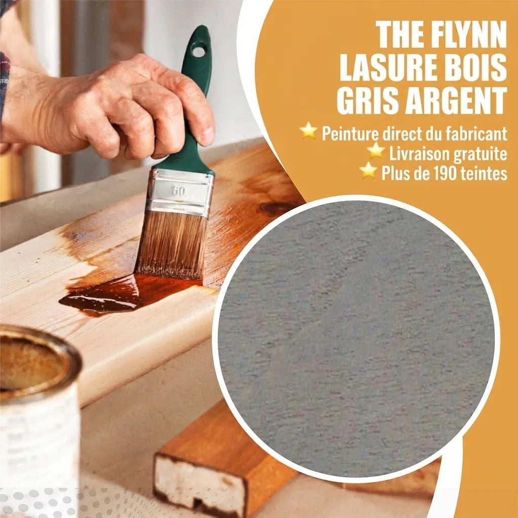 THE FLYNN LASURE BOIS GRIS ARGENTÉ. Application sur bois, échantillon couleur, texte marketing, livraison gratuite.