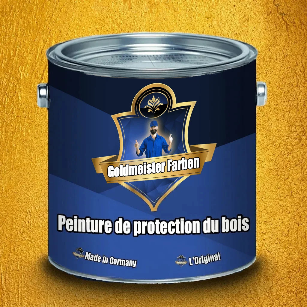 Pot de peinture bleu Goldmeister Farben (Holzschutzfarbe), avec étiquette texte allemand, Made in Germany, fond doré.