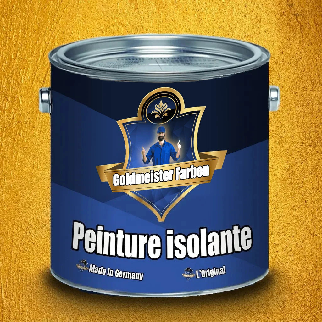 Pot de peinture isolante bleu foncé Goldmeister Farben, Made in Germany, sur fond doré texturé.