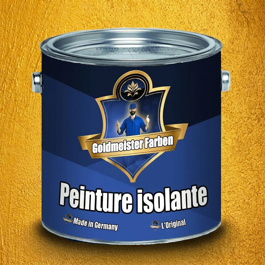 Pot de peinture isolante bleu foncé Goldmeister Farben, Made in Germany, sur fond doré texturé.