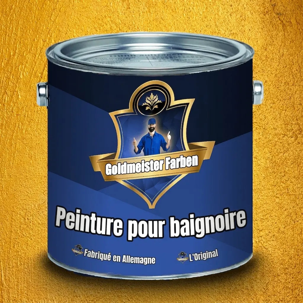 Pot de peinture bleue Goldmeister Farben pour baignoire, fabriqué en Allemagne, avec un homme faisant un pouce levé.