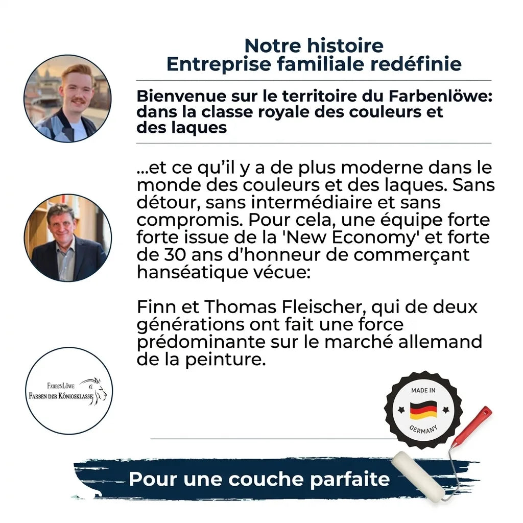 Profil d'entreprise allemand Farbenlöwe avec photos, histoire familiale, peintures de qualité et label Made in Germany.