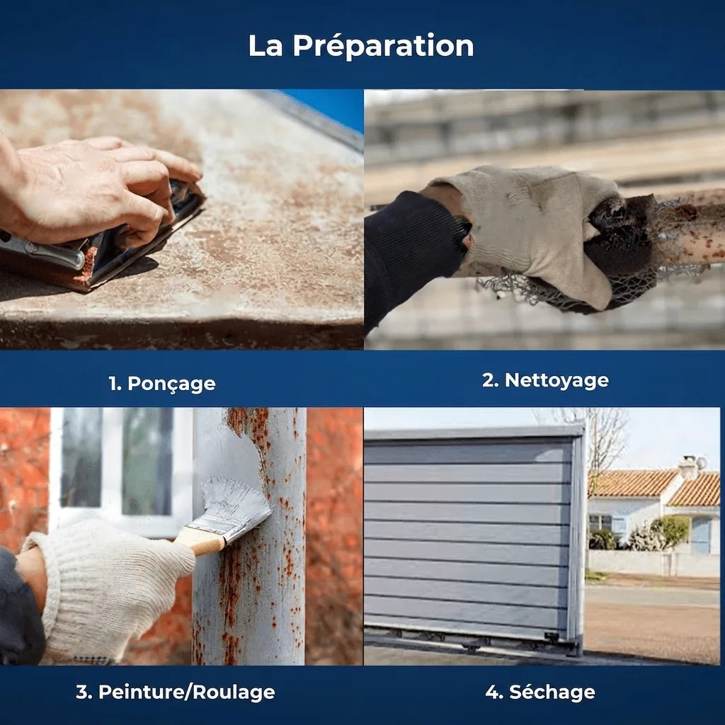 Processus de préparation de surface en 4 étapes : ponçage, nettoyage, application de peinture et séchage.