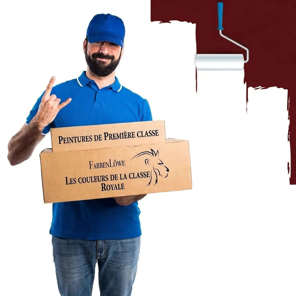 Livreur souriant tenant des cartons FarbenLöwe (Peintures de classe royale). Rouleau de peinture en arrière-plan.