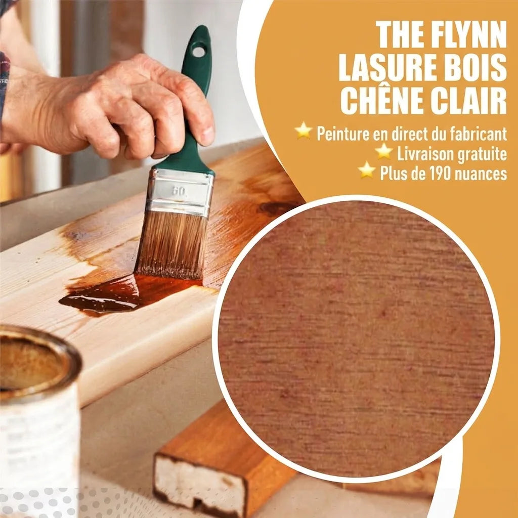 Personne appliquant une lasure sur du bois. Publicité pour la lasure bois Chêne clair The Flynn, livraison gratuite, 190+ couleurs.