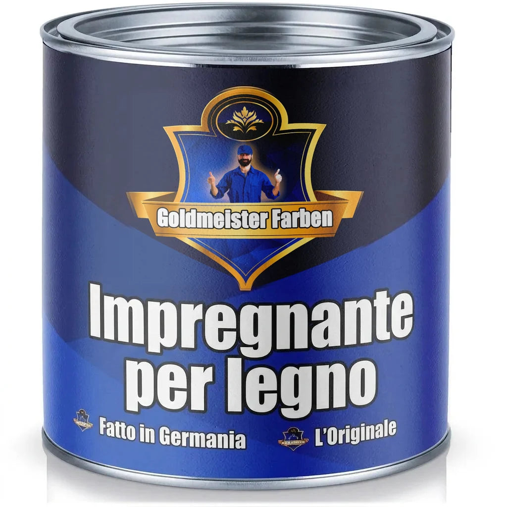 Lattina di vernice blu Goldmeister Farben per legno, Made in Germany, L'Originale, con uomo che fa il pollice in su.