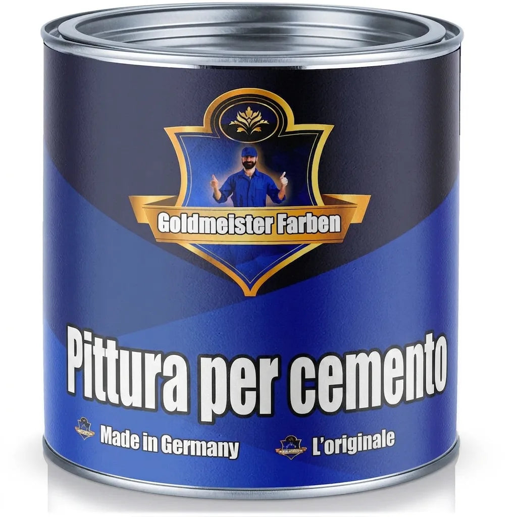 Lattina di vernice blu Goldmeister Farben per calcestruzzo, con scritta Made in Germany e Das Original.
